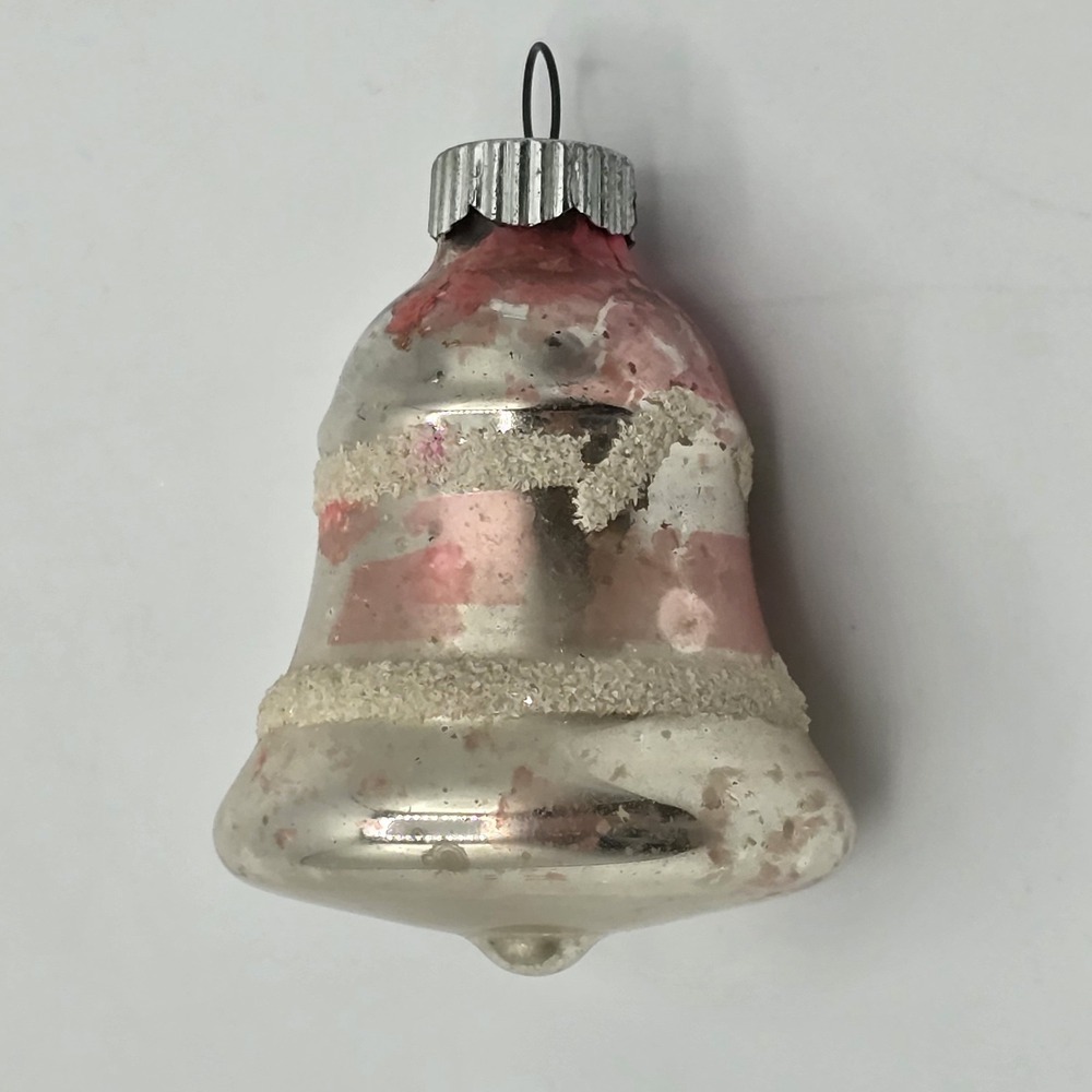 Vintage Mercury Glass Pink Striped Bell ~ Shiny Brite ~ 2"